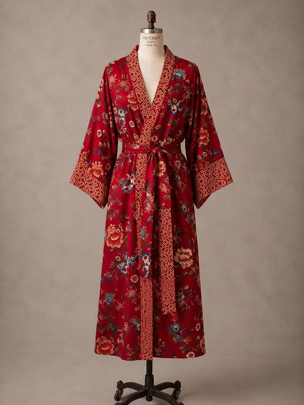 Natori Red Floral Midi Kimono Robe Medium